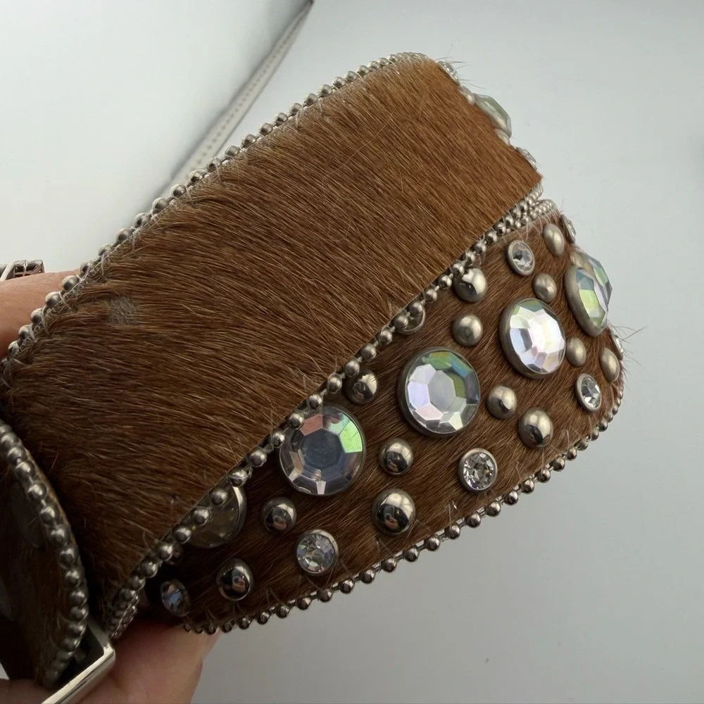 WholesalebyATLAS Western Belt XL Brown Excellent Crystal Studded Hair-on-Hide